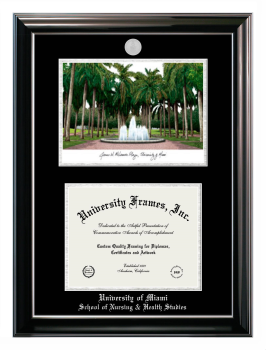 University of Miami School of Nursing & Health Studies Double Opening with Campus Image (Stacked) Frame in Classic Ebony with Silver Trim with Black & Silver Mats for document: 8 1/2"h x 11"w  