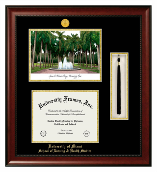 University of Miami School of Nursing & Health Studies Double Opening with Campus Image & Tassel Box (Stacked) Frame in Avalon Mahogany with Black & Gold Mats for document: 8 1/2"h x 11"w  