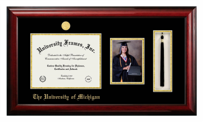 University of Michigan Diploma with 5 x 7 Portrait & Tassel Box Frame in Classic Mahogany with Black & Gold Mats for document: 8 1/2"h x 11"w  