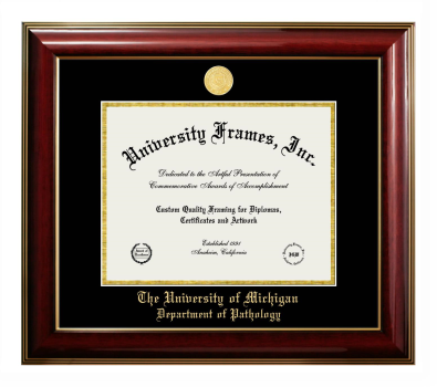 University of Michigan Department of Pathology Diploma Frame in Classic Mahogany with Gold Trim with Black & Gold Mats for document: 8 1/2"h x 11"w  