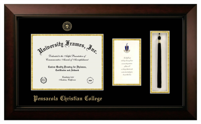 Pensacola Christian College Diploma with Announcement & Tassel Box Frame in Legacy Black Cherry with Black & Gold Mats for document: 8 1/2"h x 11"w  , diploma: 7"h x 4"w  