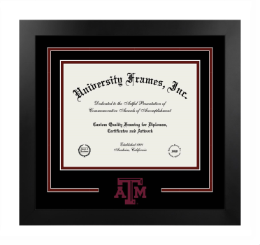 Texas A&M University Logo Mat Frame in Manhattan Black with Black & Maroon Mats for document: 8 1/2"h x 11"w  
