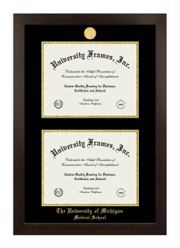 University of Michigan Medical School Double Diploma Frame in Manhattan Espresso with Black & Gold Mats for document: 8 1/2"h x 11"w  , document: 8 1/2"h x 11"w  