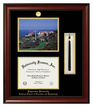 Pepperdine University Graduate School of Education and Psychology Double Opening with Campus Image & Tassel Box (Stacked) Frame in Avalon Mahogany with Black & Gold Mats for document: 8 1/2"h x 11"w  