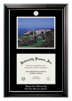 Pepperdine University Graziadio Business School Double Opening with Campus Image (Stacked) Frame in Classic Ebony with Silver Trim with Black & Silver Mats for document: 8 1/2"h x 11"w  