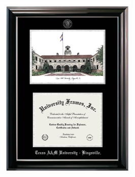 Texas A&M University - Kingsville Double Opening with Campus Image (Stacked) Frame in Classic Ebony with Silver Trim with Black & Silver Mats for document: 8 1/2"h x 11"w  