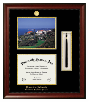 Pepperdine University Graziadio Business School Double Opening with Campus Image & Tassel Box (Stacked) Frame in Avalon Mahogany with Black & Gold Mats for document: 8 1/2"h x 11"w  