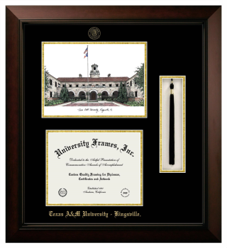 Texas A&M University - Kingsville Double Opening with Campus Image & Tassel Box (Stacked) Frame in Legacy Black Cherry with Black & Gold Mats for document: 8 1/2"h x 11"w  