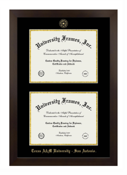 Texas A&M University - San Antonio Double Diploma Frame in Manhattan Espresso with Black & Gold Mats for document: 8 1/2"h x 11"w  , document: 8 1/2"h x 11"w  