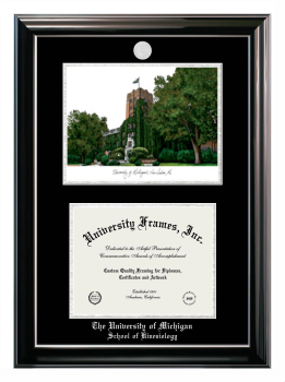 University of Michigan School of Kinesiology Double Opening with Campus Image (Stacked) Frame in Classic Ebony with Silver Trim with Black & Silver Mats for document: 8 1/2"h x 11"w  