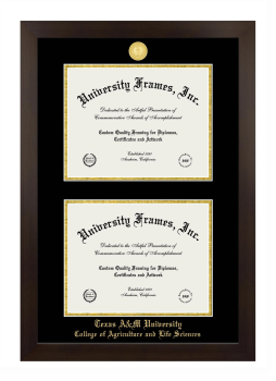 Texas A&M University College of Agriculture and Life Sciences Double Diploma Frame in Manhattan Espresso with Black & Gold Mats for document: 8 1/2"h x 11"w  , document: 8 1/2"h x 11"w  