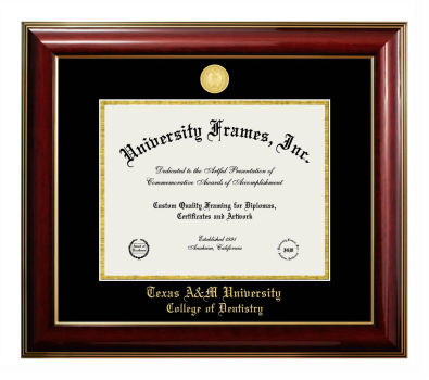 Texas A&M University College of Dentistry Diploma Frame in Classic Mahogany with Gold Trim with Black & Gold Mats for document: 8 1/2"h x 11"w  