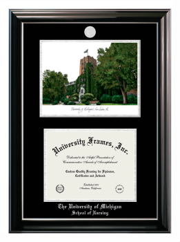 University of Michigan School of Nursing Double Opening with Campus Image (Stacked) Frame in Classic Ebony with Silver Trim with Black & Silver Mats for document: 8 1/2"h x 11"w  