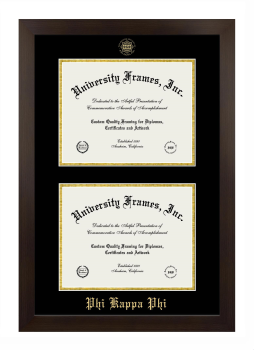 Phi Kappa Phi Double Diploma Frame in Manhattan Espresso with Black & Gold Mats for document: 8 1/2"h x 11"w  , document: 8 1/2"h x 11"w  