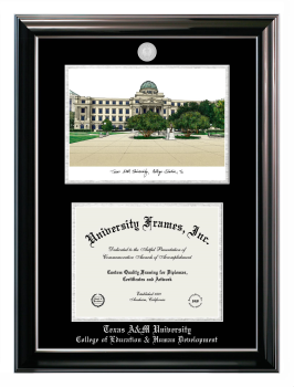 Texas A&M University College of Education & Human Development Double Opening with Campus Image (Stacked) Frame in Classic Ebony with Silver Trim with Black & Silver Mats for document: 8 1/2"h x 11"w  