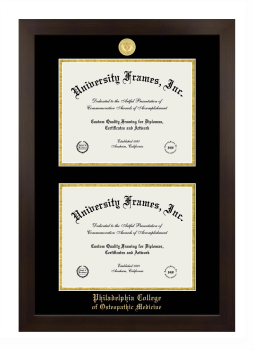 Philadelphia College of Osteopathic Medicine Double Diploma Frame in Manhattan Espresso with Black & Gold Mats for document: 8 1/2"h x 11"w  , document: 8 1/2"h x 11"w  
