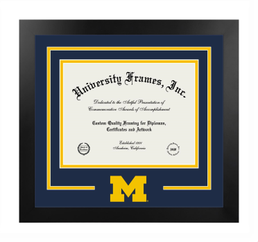University of Michigan Stephen M. Ross School of Business Logo Mat Frame in Manhattan Black with Navy Blue & Amber Mats for document: 8 1/2"h x 11"w  
