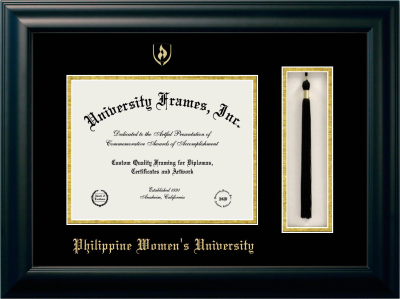 Philippine Women' University Diploma with Tassel Box Frame in Satin Black with Black & Gold Mats for document: 8 1/2"h x 11"w  