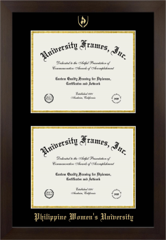 Philippine Women' University Double Diploma Frame in Manhattan Espresso with Black & Gold Mats for document: 8 1/2"h x 11"w  , document: 8 1/2"h x 11"w  