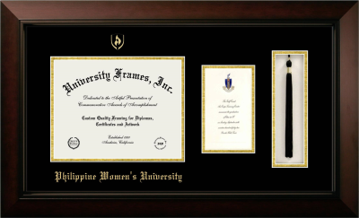 Philippine Women' University Diploma with Announcement & Tassel Box Frame in Legacy Black Cherry with Black & Gold Mats for document: 8 1/2"h x 11"w  , diploma: 7"h x 4"w  