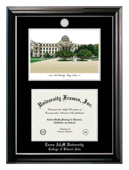 Texas A&M University College of Liberal Arts Double Opening with Campus Image (Stacked) Frame in Classic Ebony with Silver Trim with Black & Silver Mats for document: 8 1/2"h x 11"w  