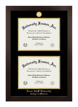 Texas A&M University College of Medicine Double Diploma Frame in Manhattan Espresso with Black & Gold Mats for document: 8 1/2"h x 11"w  , document: 8 1/2"h x 11"w  