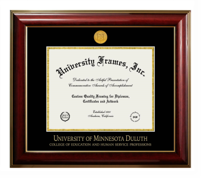 University of Minnesota Duluth College of Education and Human Service Professions Diploma Frame in Classic Mahogany with Gold Trim with Black & Gold Mats for document: 8 1/2"h x 11"w  