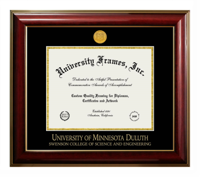 University of Minnesota Duluth Swenson College of Science and Engineering Diploma Frame in Classic Mahogany with Gold Trim with Black & Gold Mats for document: 8 1/2"h x 11"w  