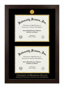 University of Minnesota Duluth Swenson College of Science and Engineering Double Diploma Frame in Manhattan Espresso with Black & Gold Mats for document: 8 1/2"h x 11"w  , document: 8 1/2"h x 11"w  