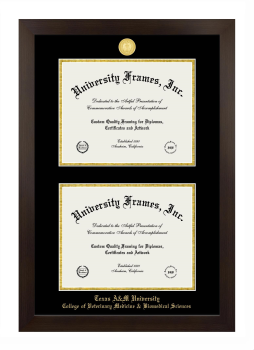 Texas A&M University College of Veterinary Medicine & Biomedical Sciences Double Diploma Frame in Manhattan Espresso with Black & Gold Mats for document: 8 1/2"h x 11"w  , document: 8 1/2"h x 11"w  