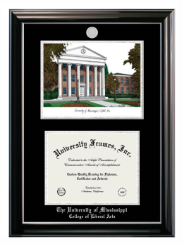 University of Mississippi College of Liberal Arts Double Opening with Campus Image (Stacked) Frame in Classic Ebony with Silver Trim with Black & Silver Mats for document: 8 1/2"h x 11"w  