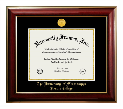 University of Mississippi Honors College Diploma Frame in Classic Mahogany with Gold Trim with Black & Gold Mats for document: 8 1/2"h x 11"w  