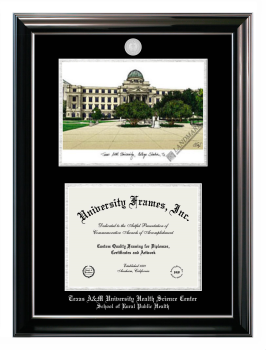 Texas A&M University Health Science Center School of Rural Public Health Double Opening with Campus Image (Stacked) Frame in Classic Ebony with Silver Trim with Black & Silver Mats for document: 8 1/2"h x 11"w  