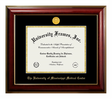 University of Mississippi Medical Center Diploma Frame in Classic Mahogany with Gold Trim with Black & Gold Mats for document: 8 1/2"h x 11"w  