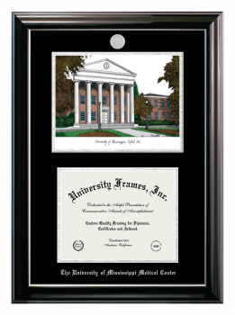University of Mississippi Medical Center Double Opening with Campus Image (Stacked) Frame in Classic Ebony with Silver Trim with Black & Silver Mats for document: 8 1/2"h x 11"w  