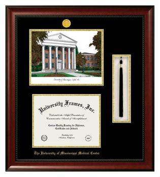 University of Mississippi Medical Center Double Opening with Campus Image & Tassel Box (Stacked) Frame in Avalon Mahogany with Black & Gold Mats for document: 8 1/2"h x 11"w  