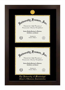 University of Mississippi School of Business Administration Double Diploma Frame in Manhattan Espresso with Black & Gold Mats for document: 8 1/2"h x 11"w  , document: 8 1/2"h x 11"w  