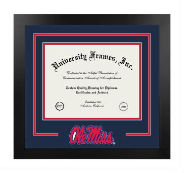 University of Mississippi School of Health Related Professions Logo Mat Frame in Manhattan Black with Navy Blue & Red Mats for document: 8 1/2"h x 11"w  
