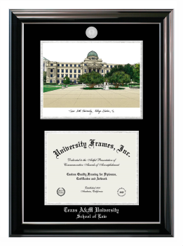 Texas A&M University School of Law Double Opening with Campus Image (Stacked) Frame in Classic Ebony with Silver Trim with Black & Silver Mats for document: 8 1/2"h x 11"w  