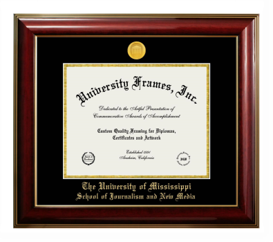 University of Mississippi School of Journalism and New Media Diploma Frame in Classic Mahogany with Gold Trim with Black & Gold Mats for document: 8 1/2"h x 11"w  