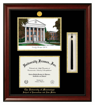 University of Mississippi School of Journalism and New Media Double Opening with Campus Image & Tassel Box (Stacked) Frame in Avalon Mahogany with Black & Gold Mats for document: 8 1/2"h x 11"w  
