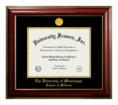 University of Mississippi School of Medicine Diploma Frame in Classic Mahogany with Gold Trim with Black & Gold Mats for document: 8 1/2"h x 11"w  