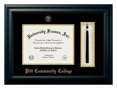 Pitt Community College Diploma with Tassel Box Frame in Satin Black with Black & Gold Mats for document: 8 1/2"h x 11"w  