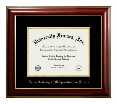 Texas Academy of Mathematics and Science Diploma Frame in Classic Mahogany with Gold Trim with Black & Gold Mats for document: 8 1/2"h x 11"w  