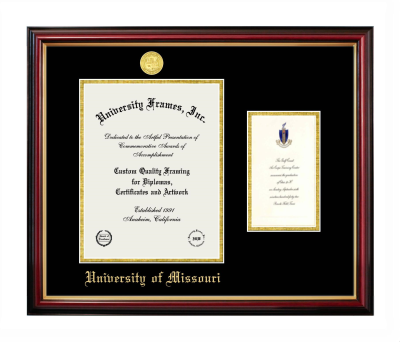 University of Missouri Diploma with Announcement Frame in Petite Mahogany with Gold Trim with Black & Gold Mats for  11"h x 8 1/2"w  , diploma: 7"h x 4"w  