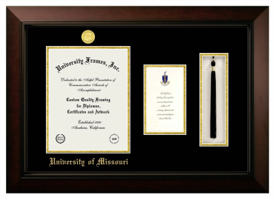 University of Missouri Diploma with Announcement & Tassel Box Frame in Legacy Black Cherry with Black & Gold Mats for  11"h x 8 1/2"w  , diploma: 7"h x 4"w  
