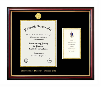 University of Missouri - Kansas City Diploma with Announcement Frame in Petite Mahogany with Gold Trim with Black & Gold Mats for  11"h x 8 1/2"w  , diploma: 7"h x 4"w  
