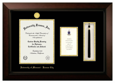 University of Missouri - Kansas City Diploma with Announcement & Tassel Box Frame in Legacy Black Cherry with Black & Gold Mats for  11"h x 8 1/2"w  , diploma: 7"h x 4"w  