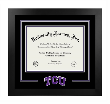 Texas Christian University Logo Mat Frame in Manhattan Black with Black & Purple Mats for document: 8 1/2"h x 11"w  