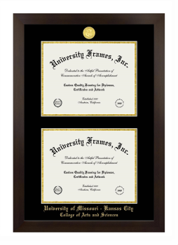 University of Missouri - Kansas City College of Arts and Sciences Double Diploma Frame in Manhattan Espresso with Black & Gold Mats for document: 8 1/2"h x 11"w  , document: 8 1/2"h x 11"w  